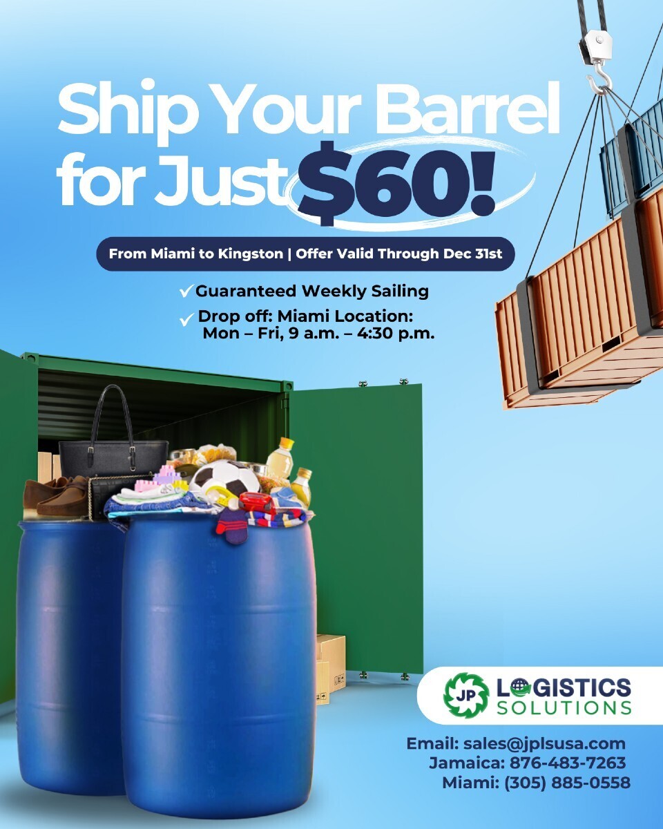 Ship your barrel from Miami to Kingston for only $60 – From Now Until December 31st 2024